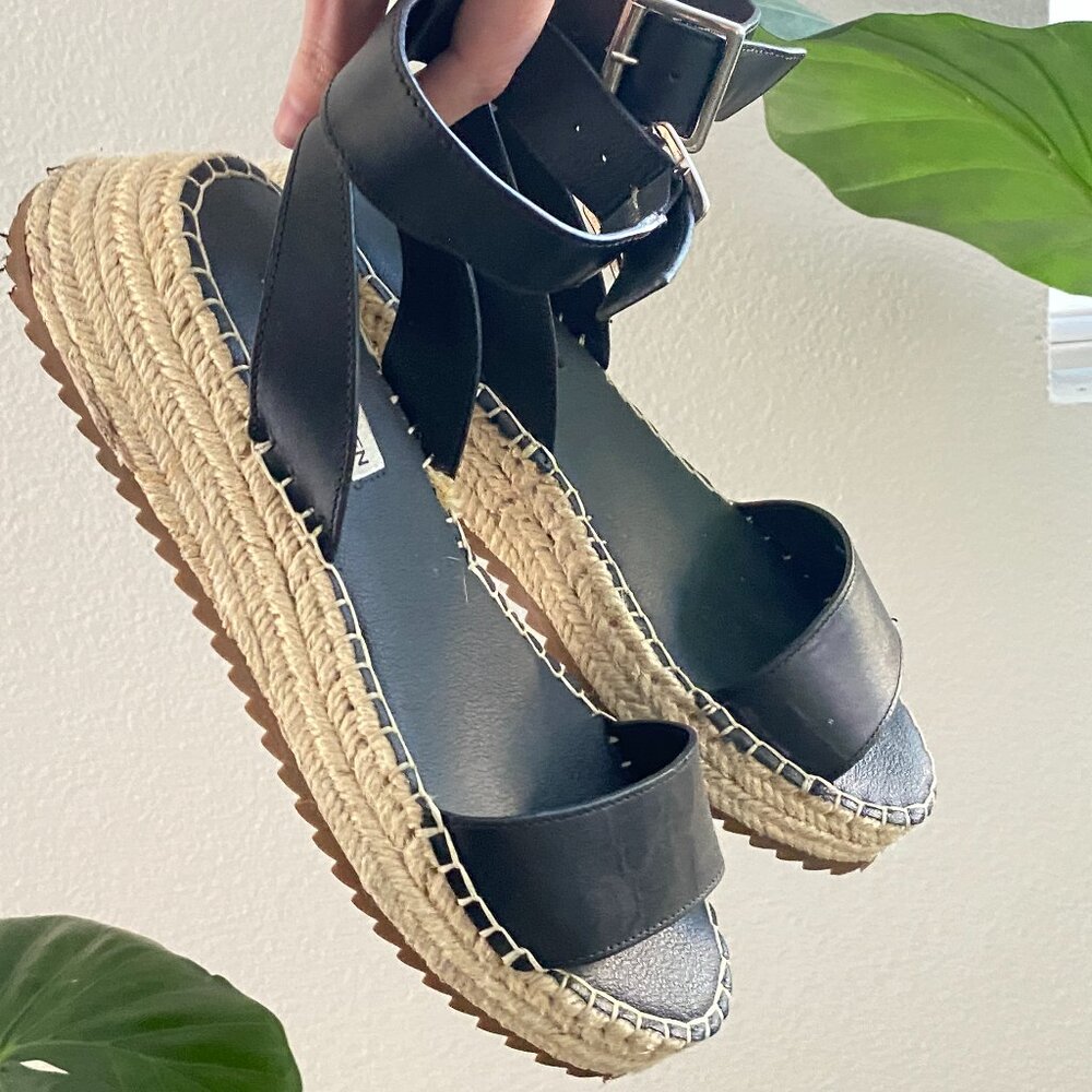 Steve Madden Julieta Black Wedge Espadrille Platform Sandal - Size 6.5